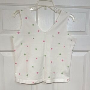 VTG Y2K Aimee D White Polka Dot Crop Stretch Cotton Tank Top Womens L Pink Green